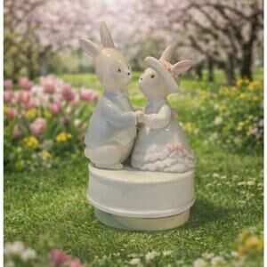 Porcelain bunny couple figurine musical box Norcrest victorian attire plays song